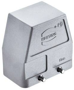 Capot de protection métallique avec logo 'HARTING', deux vis de fixation en bas. Boîtier de connecteur industriel pour applications robustes.
