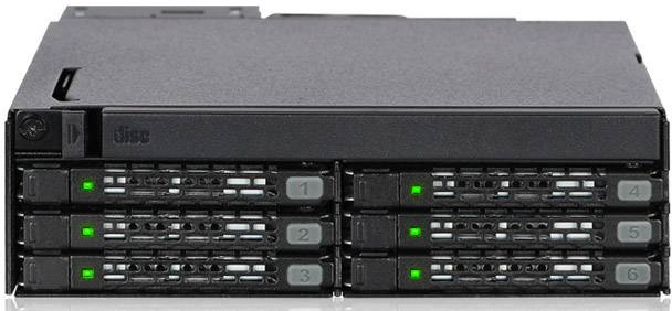 Serveur noir à disque dur avec six emplacements, dont quatre sont activés par des voyants verts. Adapté au stockage de données.