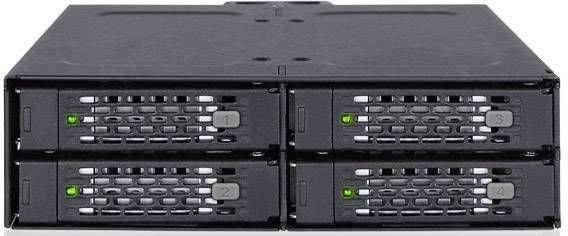 Un boîtier de lecteur noir avec quatre emplacements, numérotés de 1 à 4, chacun doté d'un voyant LED vert, sur un fond blanc.