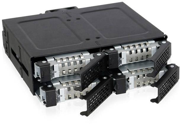 Un boîtier de disque dur noir avec quatre baies amovibles pour installation dans un boîtier d'ordinateur.