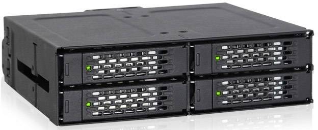 Cage noir pour disque dur avec quatre baies, indicateurs LED verts, adapté pour l'installation dans des serveurs ou des systèmes informatiques.