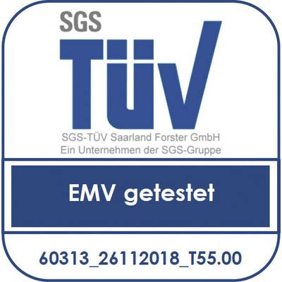 Logo TÜV avec le texte 'Testé EMC' et le numéro de référence '60313_26112018_T55.00'.