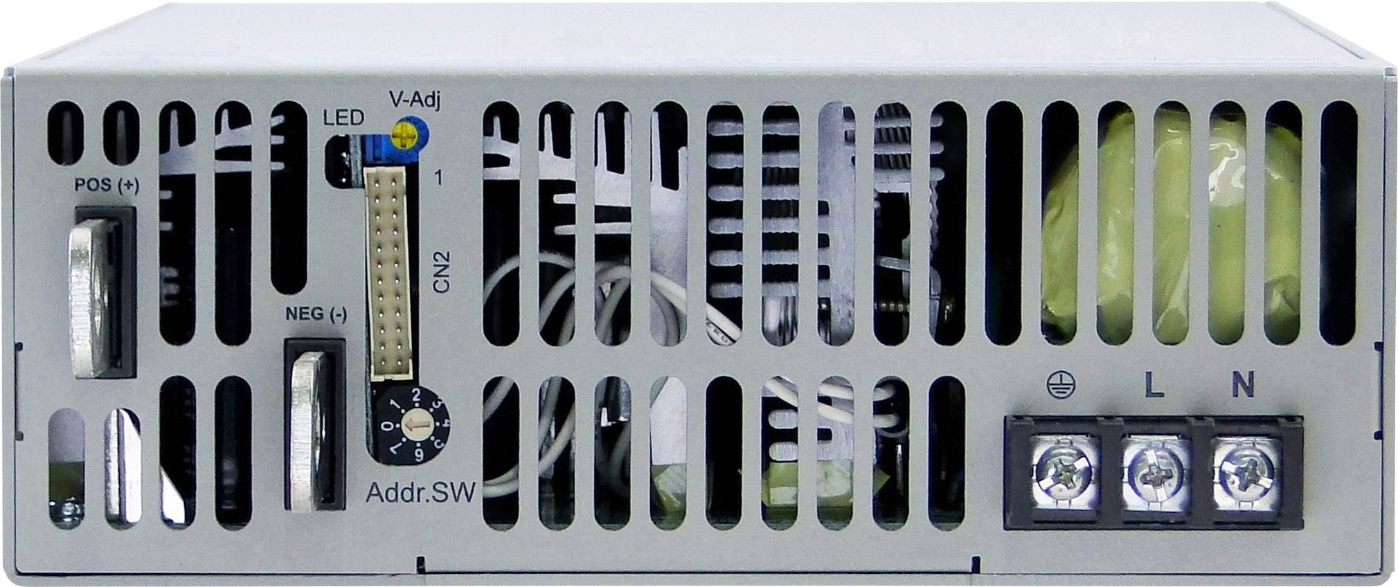 Un bloc d'alimentation avec des fentes de ventilation, plusieurs options de connexion et un bouton rotatif pour le réglage de la tension.