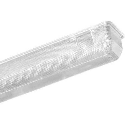 Luminaire de plafond transparent avec un boîtier allongé et texturé. Adapté pour une utilisation intérieure, diffuse une lumière largement répartie.