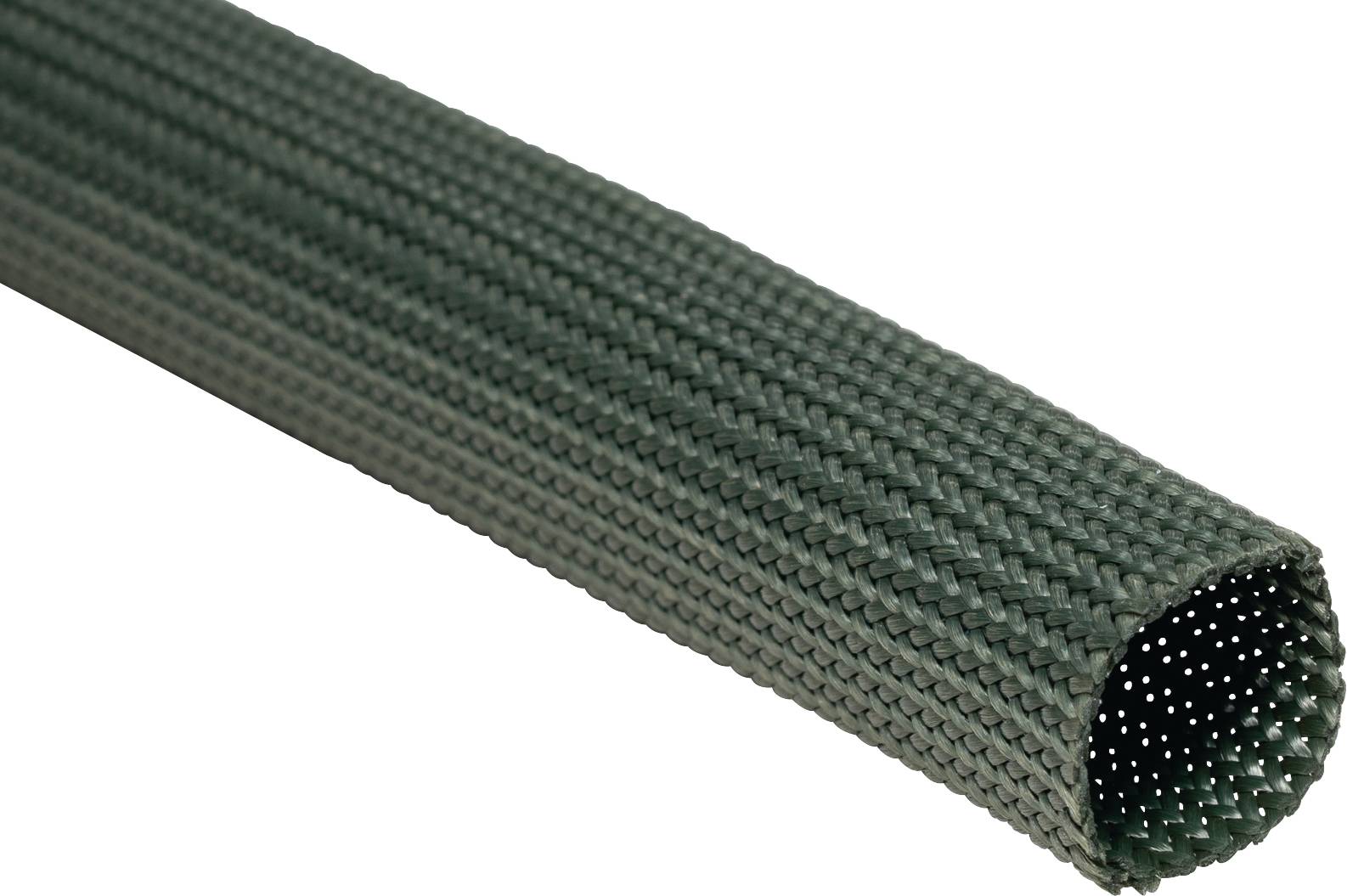 Un tube de protection en plastique tressé gris avec une extrémité ouverte, adapté pour le regroupement et la protection des câbles.