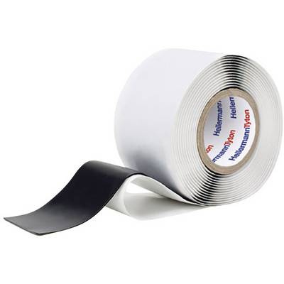 Rouleau de ruban isolant partiellement déroulé, affichant la marque 'HellermannTyton' sur le noyau. Le ruban présente un côté noir et un côté blanc.