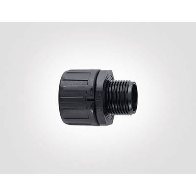 Raccord de tuyauterie en plastique noir fileté, représenté de côté. Utilisé pour les connexions de tuyaux dans les systèmes d'eau ou d'irrigation.