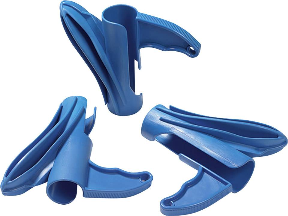 Trois dispositifs en plastique bleu pour sceller des sachets de congélation, présentés sous différents angles.