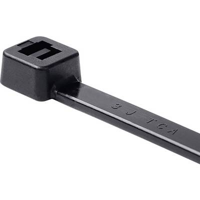 Un collier de serrage noir avec une tête rectangulaire et une bande lisse sur laquelle est imprimé '3J TCA'. Utilisé pour le regroupement de câbles.