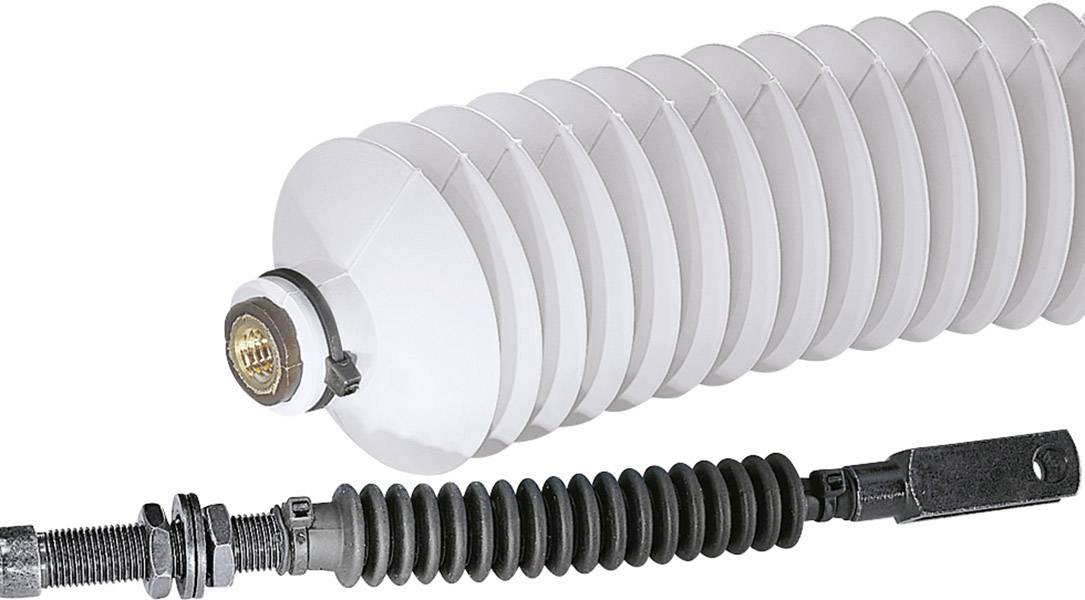 Un isolateur blanc nervuré avec des éléments de connexion métalliques aux deux extrémités. Il est utilisé dans des applications électriques.