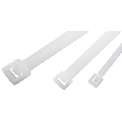 Trois attaches de câble blanches, de différentes tailles, posées côte à côte. Elles sont en plastique et possèdent un fermoir rectangulaire.