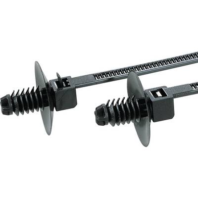 Deux colliers de serrage noirs avec des mécanismes de verrouillage flexibles et des rondelles de fixation rondes pour regrouper et attacher des câbles.
