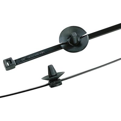 'Deux attaches de câble noires avec des disques ronds pour la fixation. Une est posée à plat, l'autre montre la structure de la fixation.'