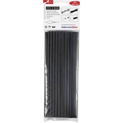 Gaines thermorétractables noires avec texte 'Heat Shrink Tubing'. Taille : 6-20 mm. Taux de rétraction 3:1, 10 pièces de 200 mm.