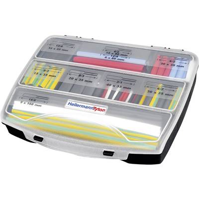 Petite boîte de rangement contenant des gaines thermoretractables de différentes couleurs et tailles, étiquetée avec leurs dimensions.