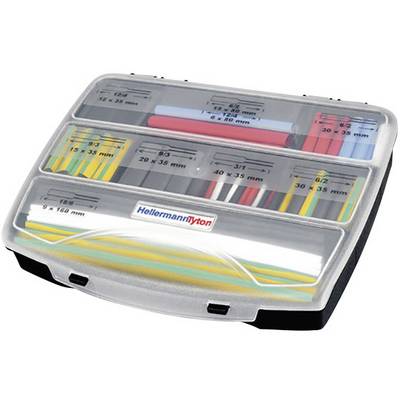 'Boîte en plastique contenant différents tubes thermorétractables de plusieurs couleurs et tailles, étiquetés avec leurs dimensions en millimètres.'