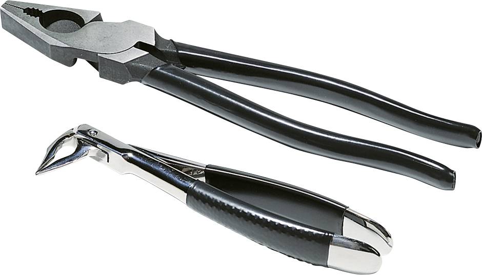Une pince pointue et une pince à ongles sont posées côte à côte. La pince pointue a de longues poignées noires, tandis que la pince à ongles est plus petite et courbée.