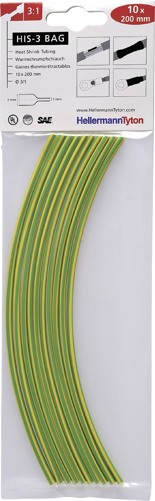 Emballage contenant dix gaines thermoretractables jaune-vert, chacune longue de 200 mm. Nom du produit 'HIS-3 BAG' visible en haut.