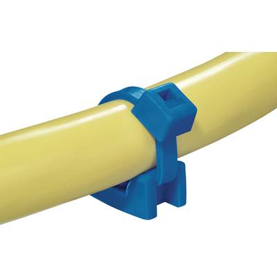 Une pièce de fixation en plastique bleu maintient un tube jaune. Cette pièce assure la stabilité et le maintien sécurisé du tube.