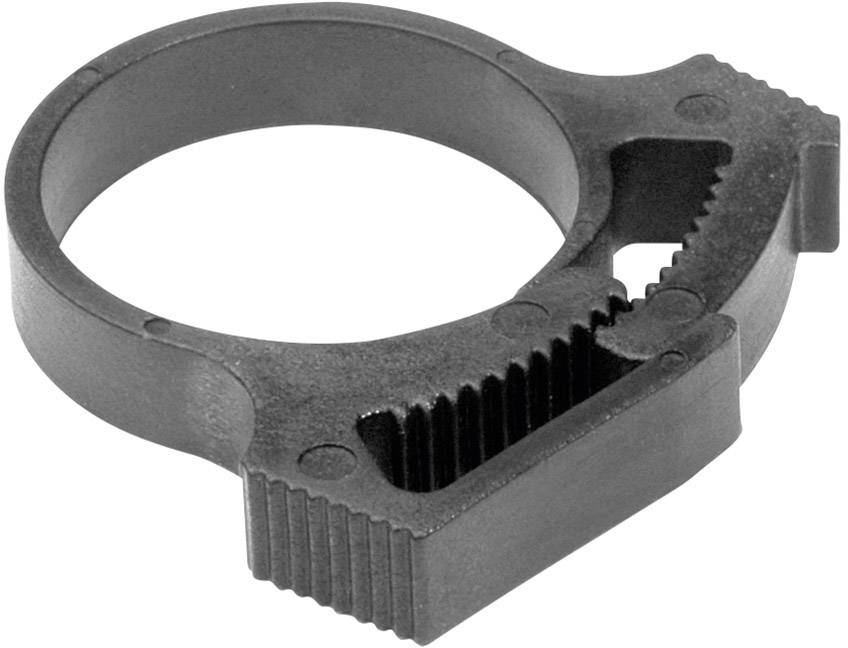 Anneau de tension en métal noir et gris, denté, avec ouverture et surface rainurée, probablement utilisé dans des applications mécaniques.