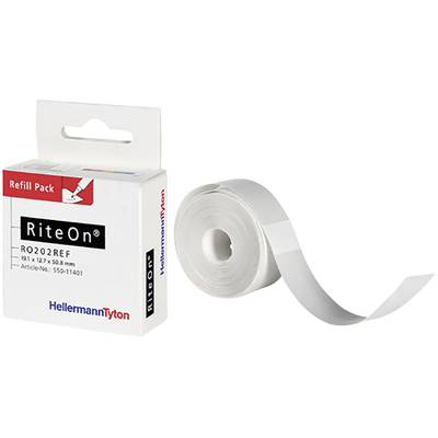 Ruban d'étiquettes rechargeables 'RiteOn' de HellermannTyton, blanc, à côté de son emballage correspondant.