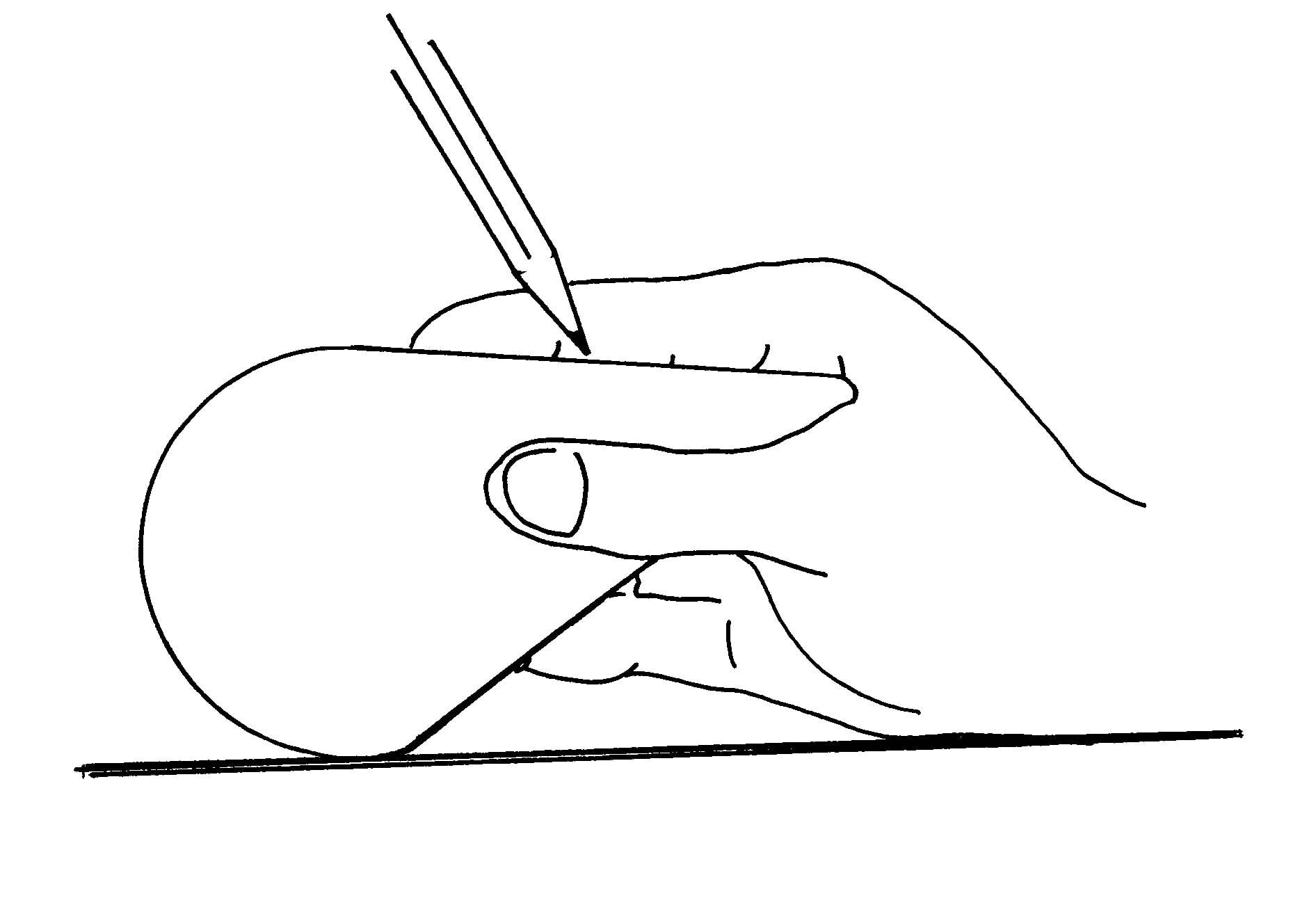 'Esquisse d'une main tenant un crayon et reposant sur un objet rond.'