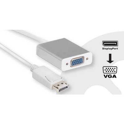 Un câble adaptateur relie une fiche DisplayPort à un port VGA. Texte : 'DisplayPort' et 'VGA' avec les symboles correspondants.