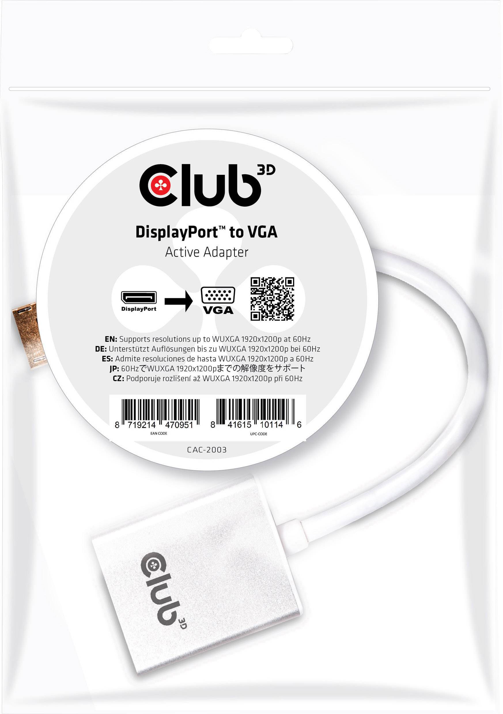 Adaptateur DisplayPort vers VGA de Club 3D. Prend en charge des résolutions allant jusqu'à WUXGA 1920x1200 à 60Hz.