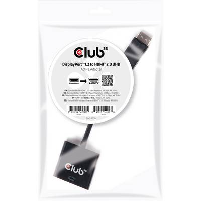 Adaptateur USB vers HDMI dans un emballage en plastique, portant l'étiquette 'Club 3D DisplayPort 1.2 vers HDMI 2.0 UHD'.