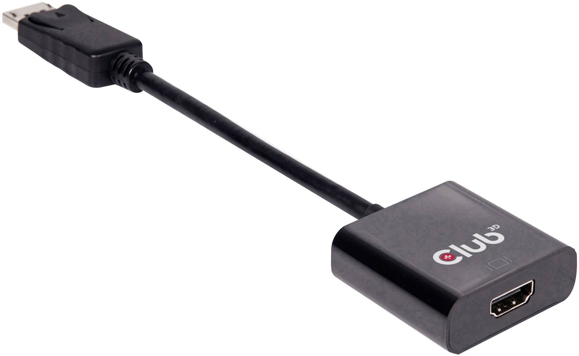Un adaptateur noir avec une fiche DisplayPort d'un côté et un port HDMI de l'autre.