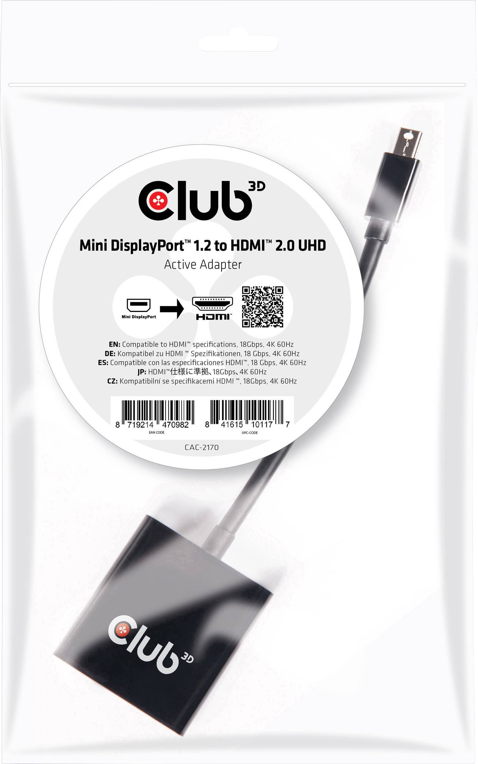 Une image d'emballage d'un adaptateur Club 3D Mini DisplayPort 1.2 vers HDMI 2.0 UHD, montrant l'adaptateur sur un fond blanc.