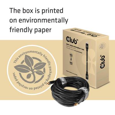 Câble HDMI Club 3D dans un emballage écologique. Le boîtier est composé de papier recyclable avec une impression respectueuse de l'environnement.