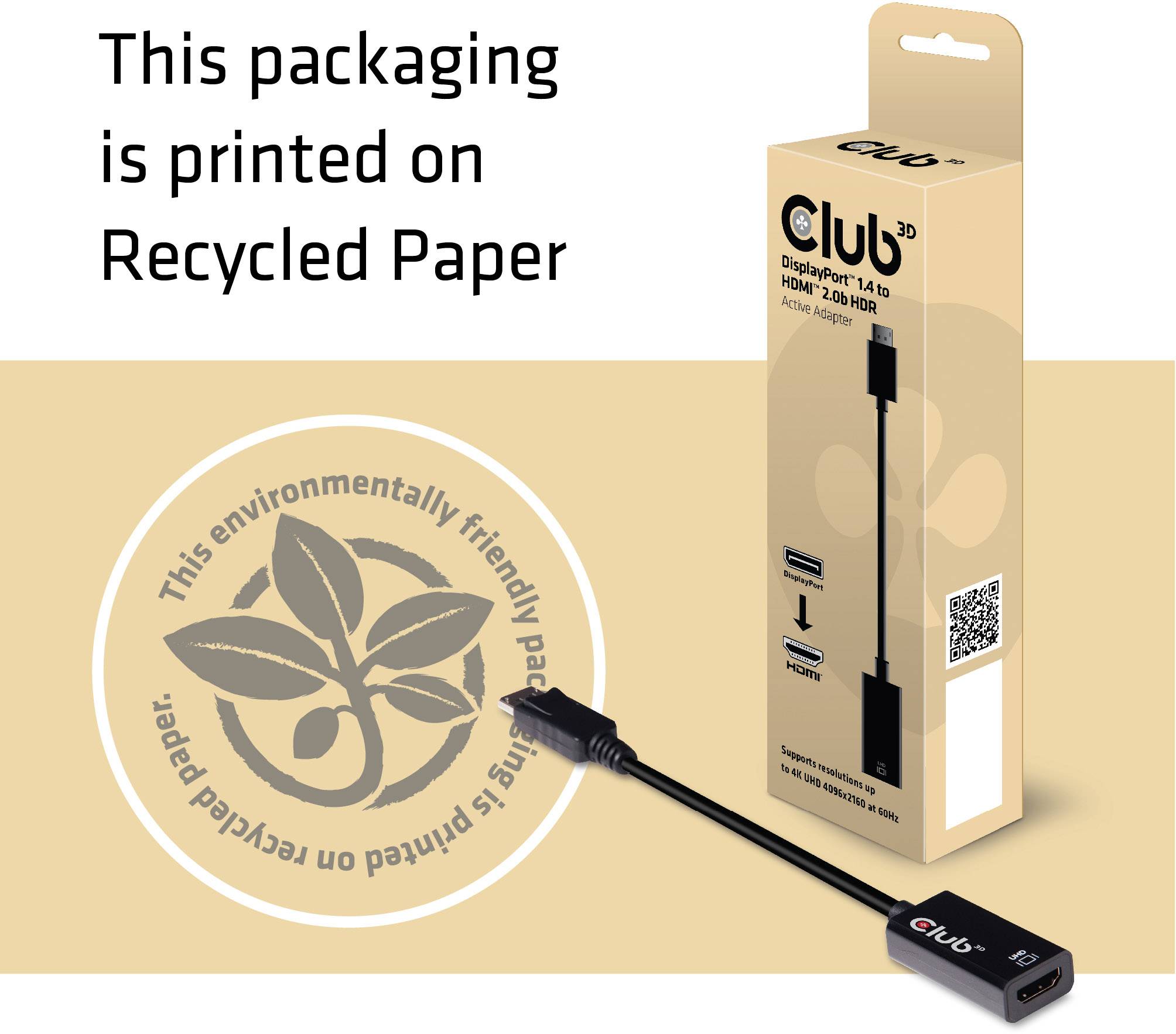 Emballage de l'adaptateur 'Club 3D' en papier recyclé. Texte : 'Cet emballage écologique est fabriqué à partir de papier recyclé.'
