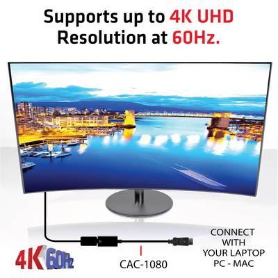 Un écran affiche un port de nuit. Texte en haut : Prend en charge jusqu'à 4K UHD à 60 Hz. En bas à droite : Connexion avec ordinateur portable, PC, Mac.