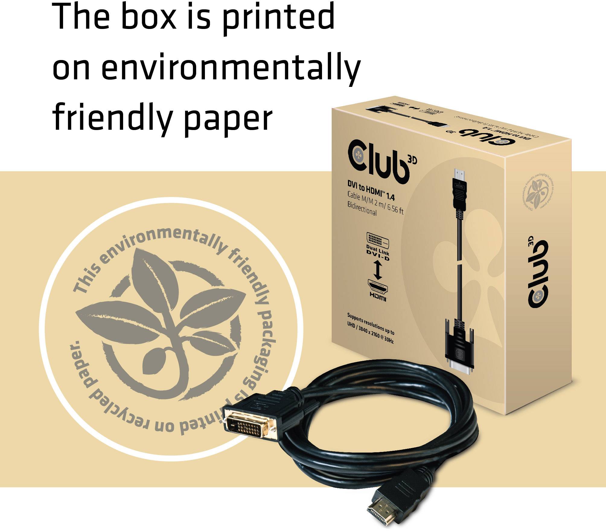 'Câble DVI vers HDMI 1.4' et emballage écologique en papier recyclé portant l'inscription 'Cet emballage écologique est recyclable.'