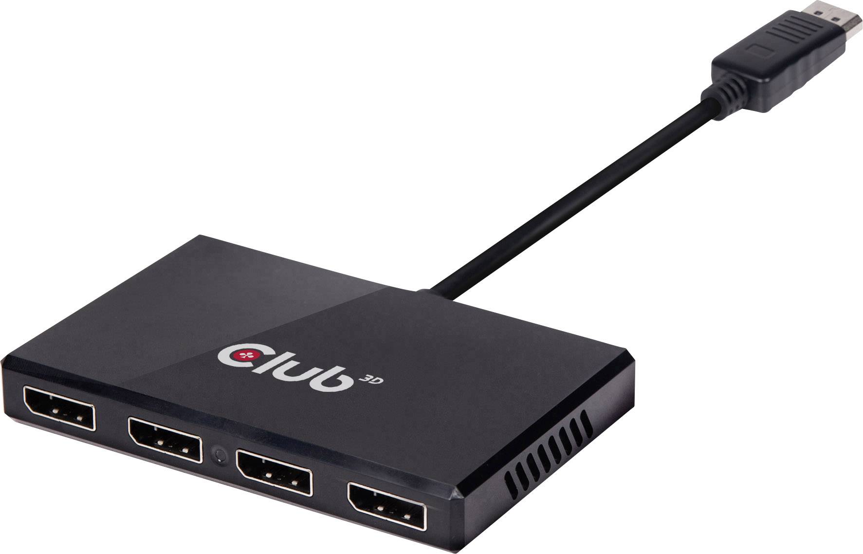 Un hub DisplayPort noir avec trois sorties HDMI et un câble DisplayPort, adapté pour connecter plusieurs écrans.