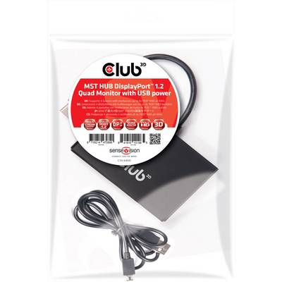 Hub DisplayPort 1.2 Club 3D MST pour quatre écrans avec port USB, câbles et appareil. Image d'emballage.