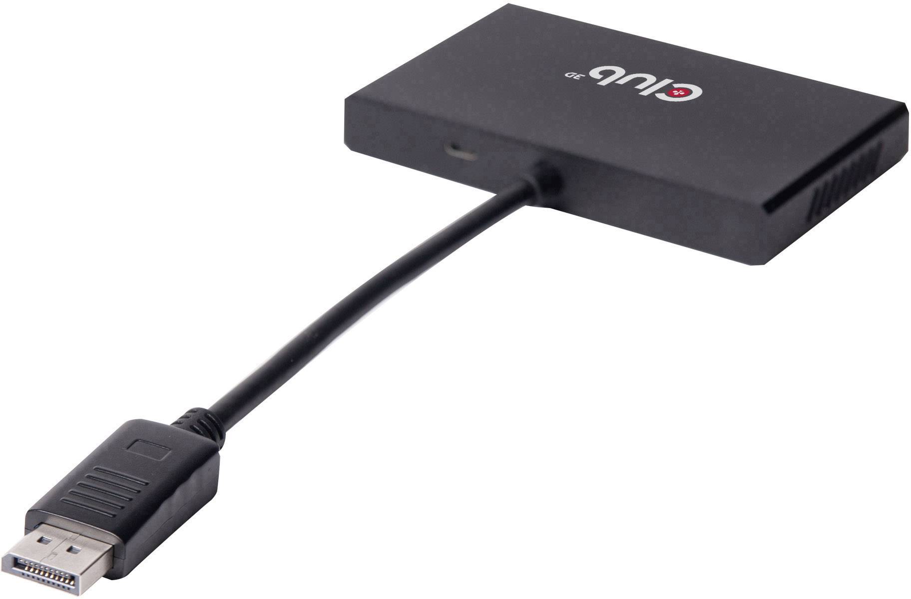 Un adaptateur noir doté d'un câble se terminant à une extrémité par une fiche DisplayPort et à l'autre extrémité par un boîtier rectangulaire.