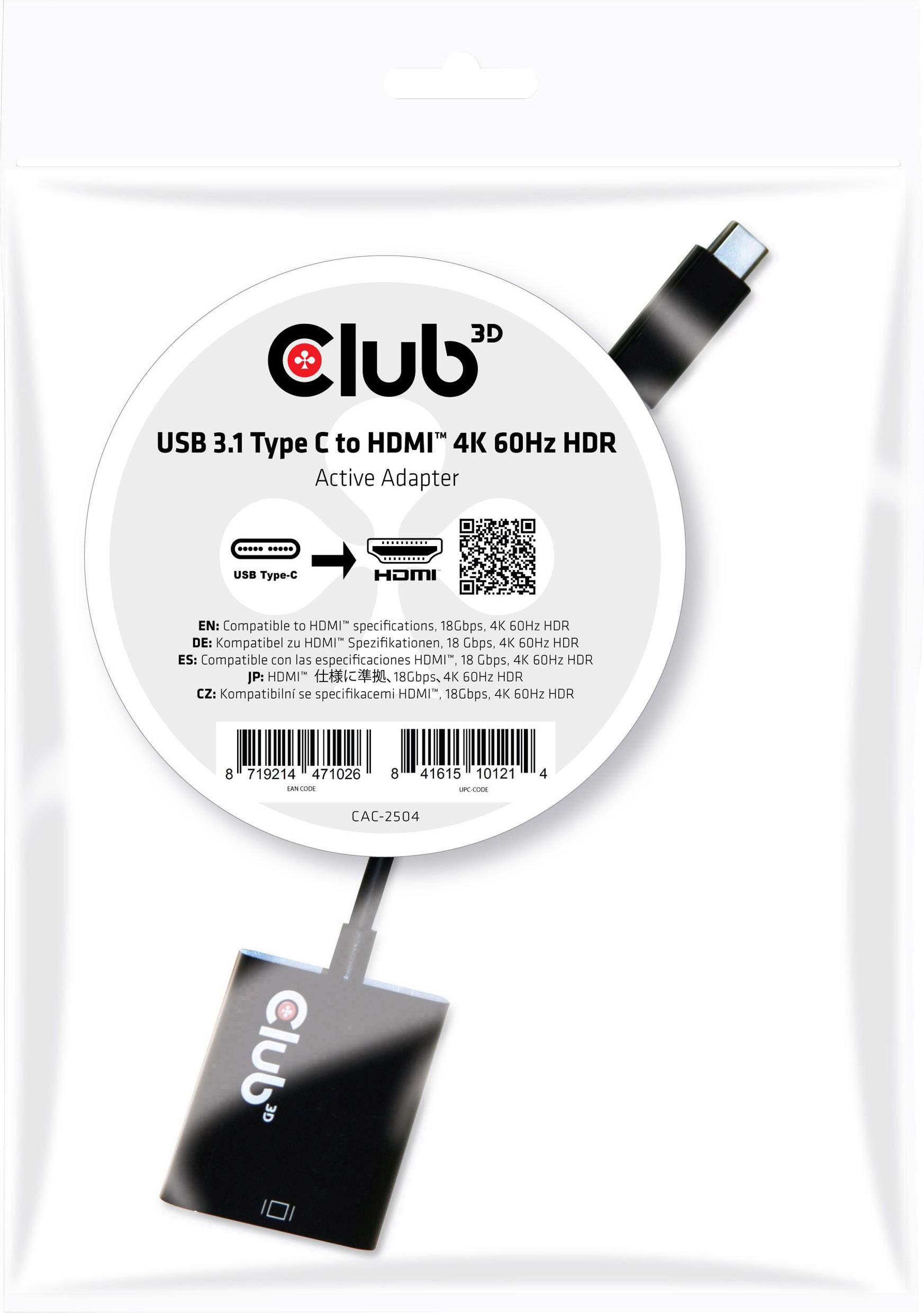 Adaptateur USB 3.1 Type-C vers HDMI pour connexion 4K 60Hz HDR, compatible avec les spécifications HDMI, dans un emballage blanc.