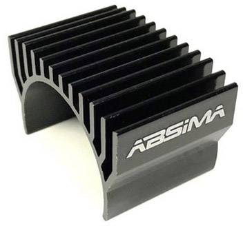 Dissipateur thermique en aluminium noir avec ailettes et l'inscription 'Absima' sur le côté, conçu pour l'évacuation de la chaleur, destiné à des applications techniques.
