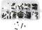 Petit récipient en plastique à plusieurs compartiments, rempli de différentes vis et écrous noirs.