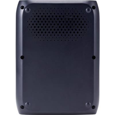 Appareil noir rectangulaire, probablement un routeur ou un haut-parleur, avec des vis apparentes et des fentes de ventilation sur le dessus.