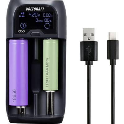 Chargeur de batterie avec deux batteries : une violette, une verte. L'indicateur de charge affiche 'Li-ion 4.20V 00A 00Ah 100%'. Un câble USB est à côté.