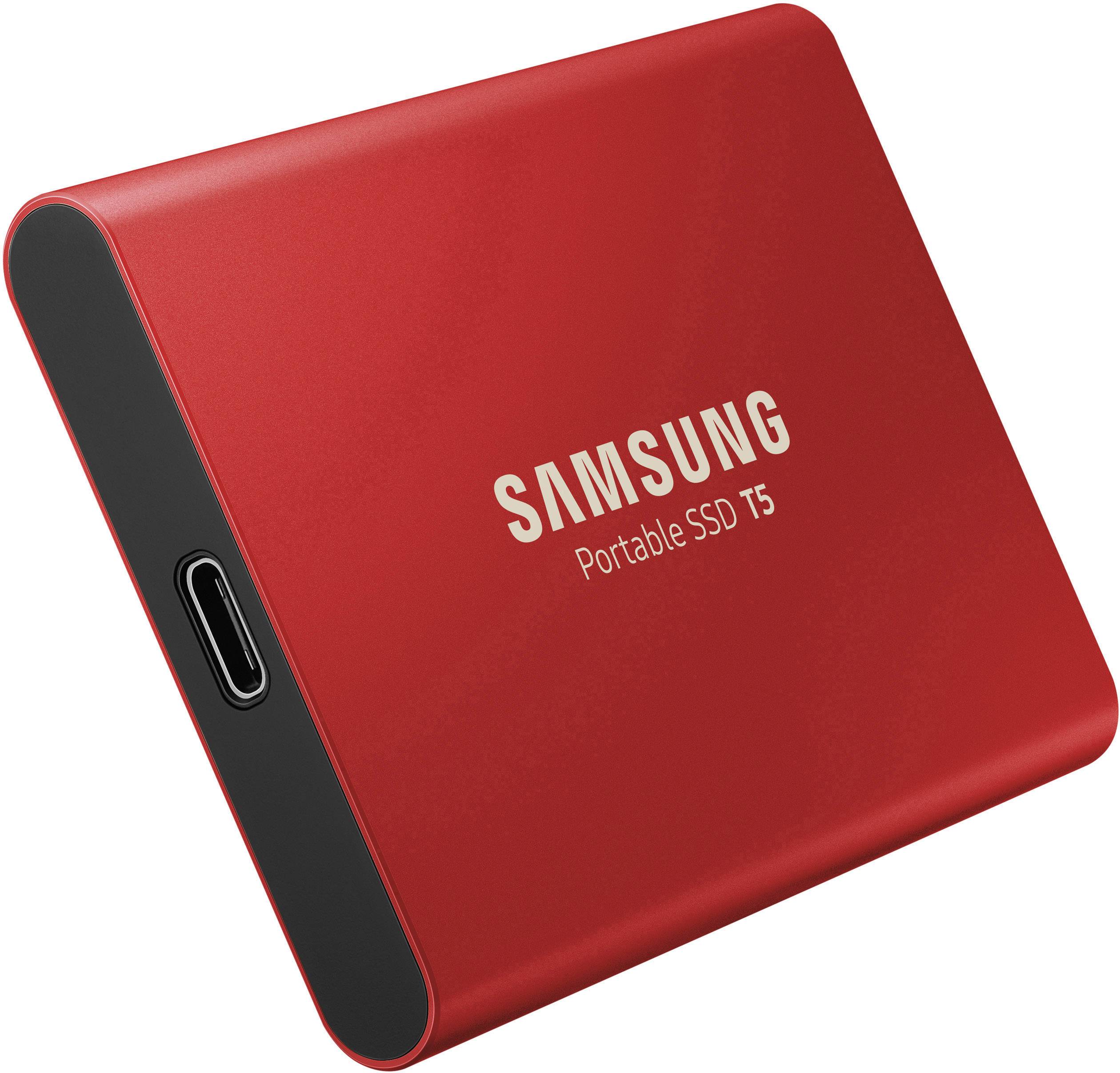 SSD portable externe Samsung T5 en rouge, compact et léger, avec connexion USB.