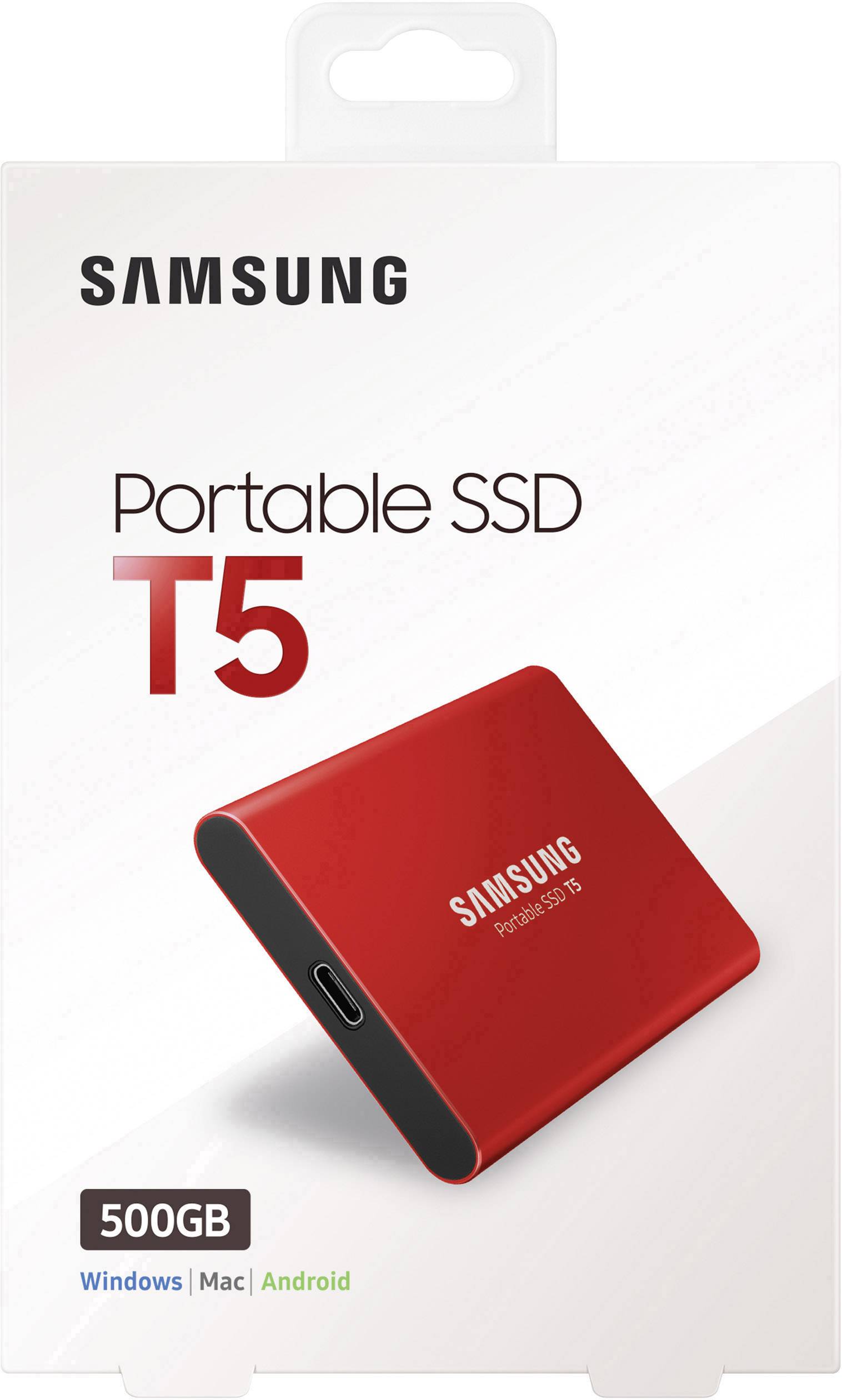 Disque SSD portable Samsung T5 500 Go, compatible avec Windows, Mac et Android, présenté sur un fond blanc.