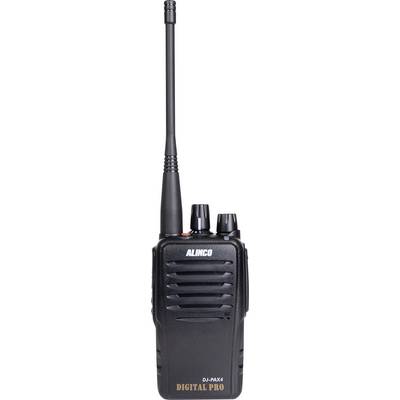 Un talkie-walkie noir portable avec antenne et plusieurs boutons de commande. Les mots 'Alinco' et 'Digital Pro' sont imprimés dessus.