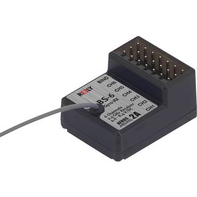 Récepteur radio 'SB-6' avec antenne et six canaux. Boîtier rectangulaire noir avec des emplacements latéraux pour les connexions.