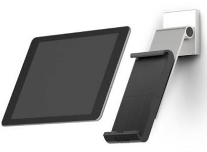 Support de tablette pour montage mural et tablette noire. Le support est ajustable pour fixer fermement la tablette au mur.