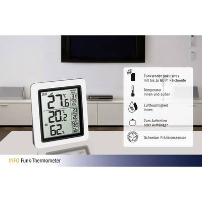 Un thermomètre numérique affiche '27°C extérieur', '20°C intérieur', '62% d'humidité'. Informations : Radio, portée 80m, capteur de précision.