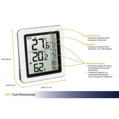 Thermomètre numérique sans fil avec trois affichages : température extérieure 27,6°C, climat intérieur 20,2°C, humidité 62%.